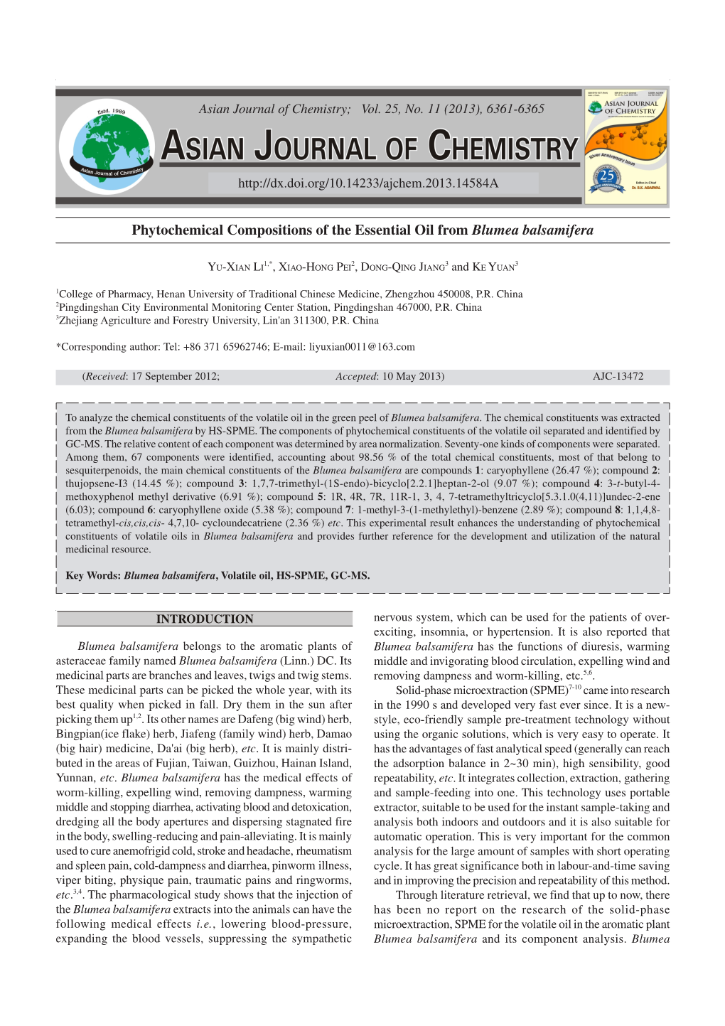 Phytochemical Compositions of the Essential Oil from Blumea Balsamifera