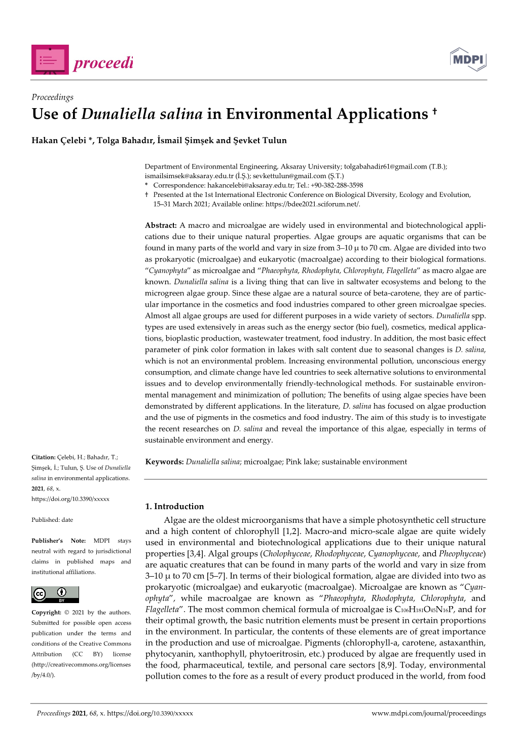 Use of Dunaliella Salina in Environmental Applications †