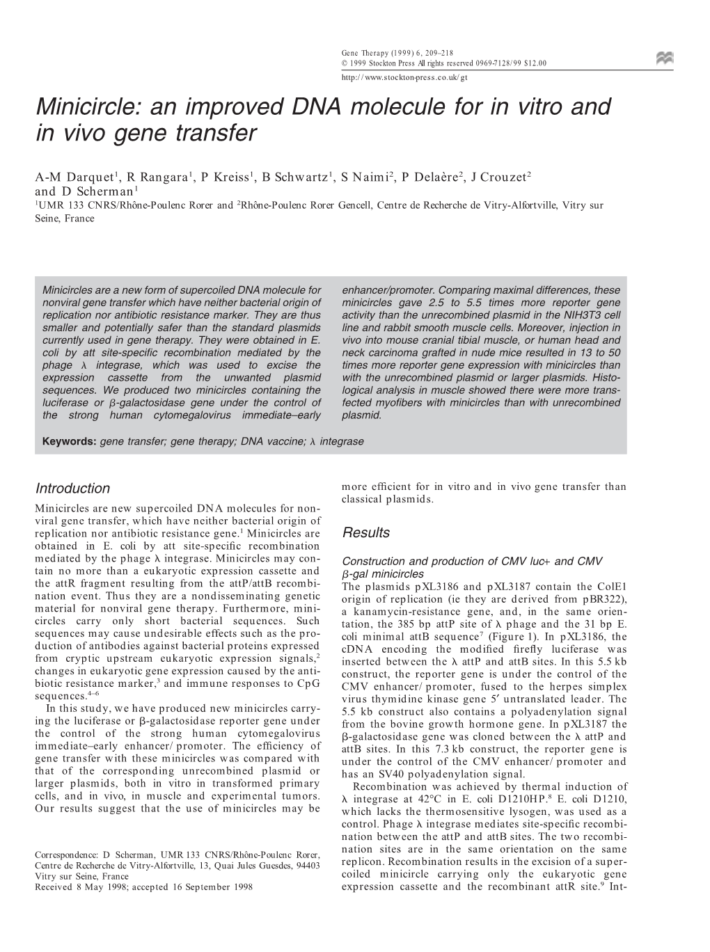 Minicircle: an Improved DNA Molecule for in Vitro and in Vivo Gene Transfer