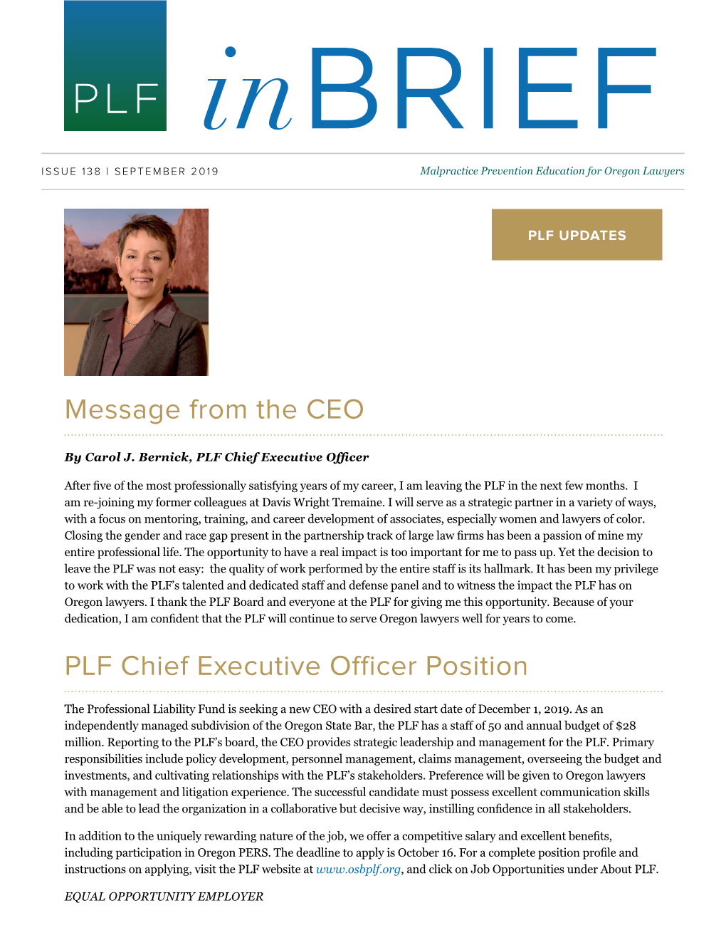 Message from the CEO PLF Chief Executive Officer Position