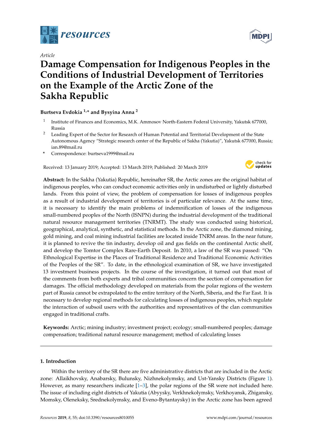 Damage Compensation for Indigenous Peoples in the Conditions of Industrial Development of Territories on the Example of the Arctic Zone of the Sakha Republic