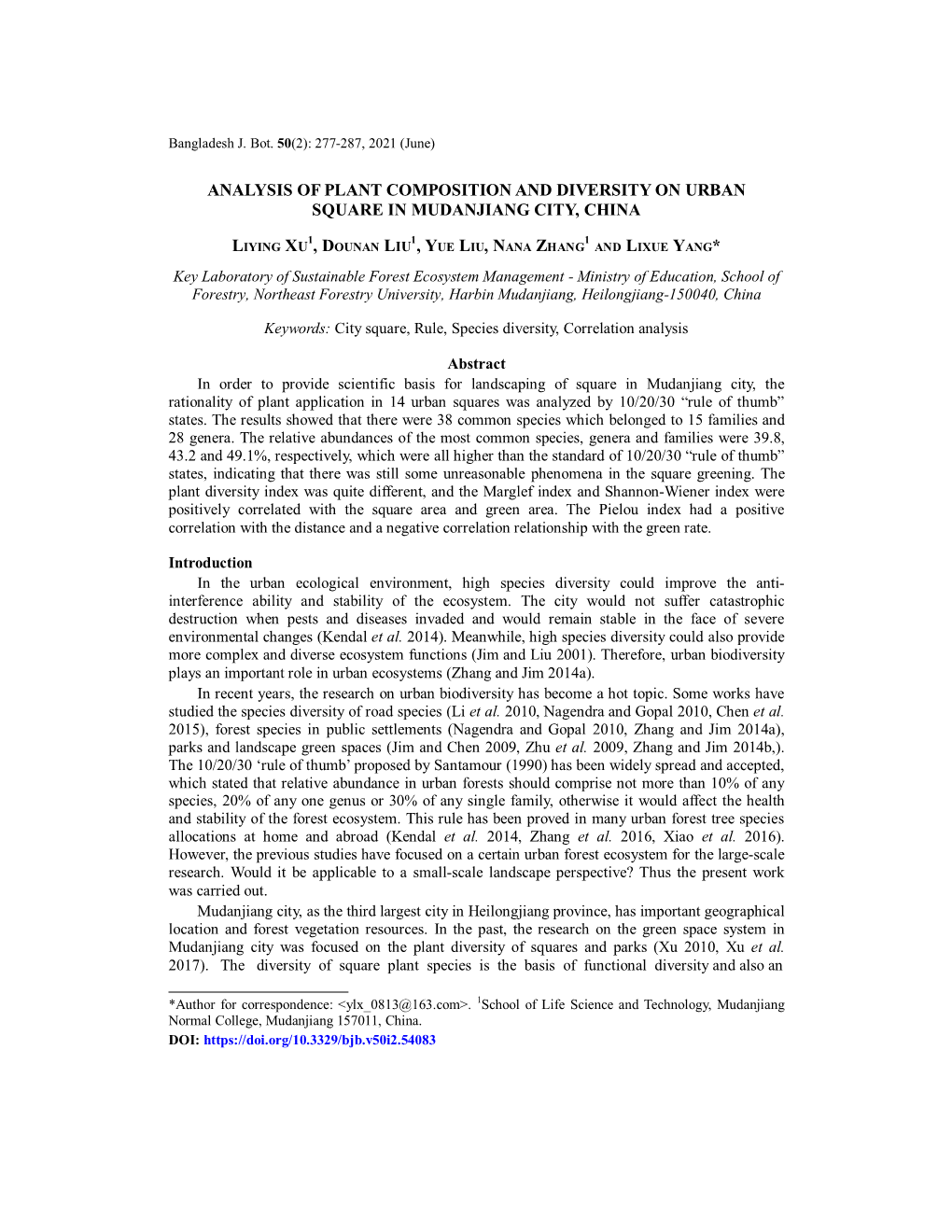 Analysis of Plant Composition and Diversity on Urban Square in Mudanjiang City, China