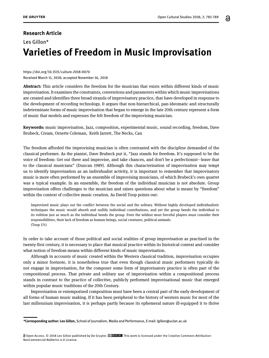 Varieties of Freedom in Music Improvisation