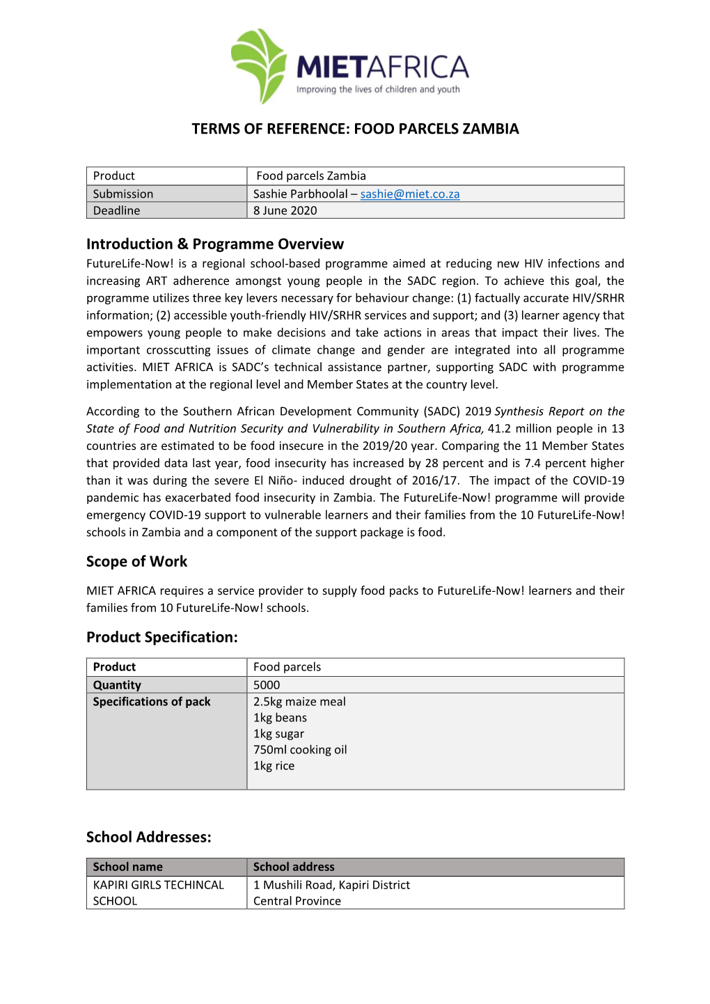 Terms of Reference: Food Parcels Zambia