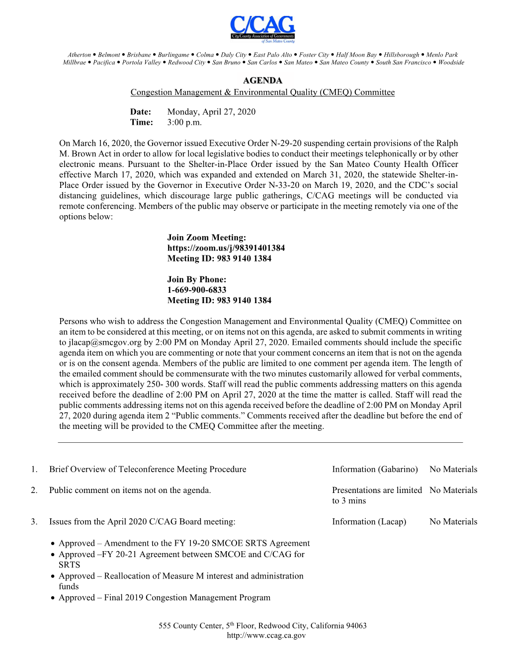 AGENDA Congestion Management & Environmental Quality