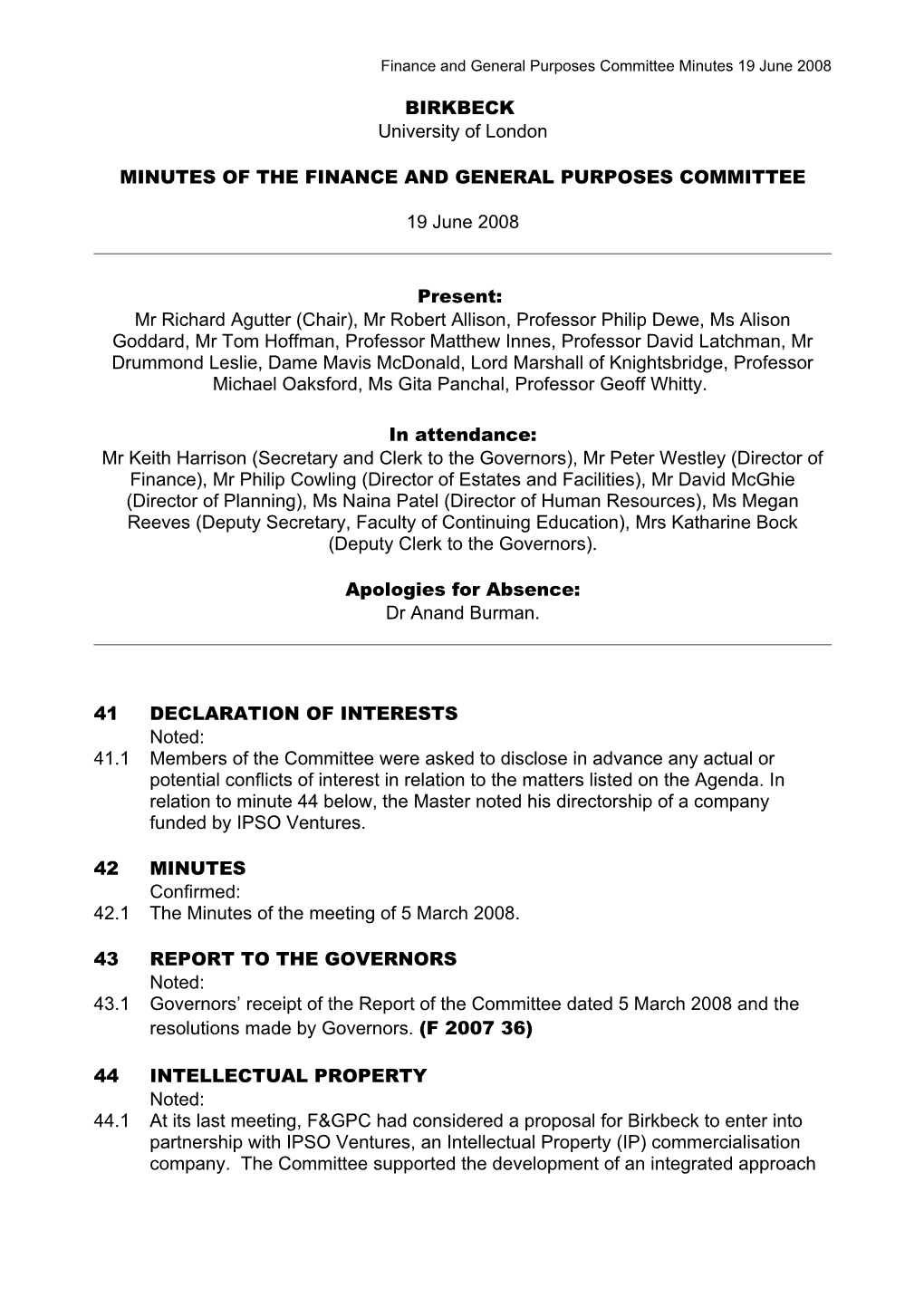 Minutes of the Finance and General Purposes Committee