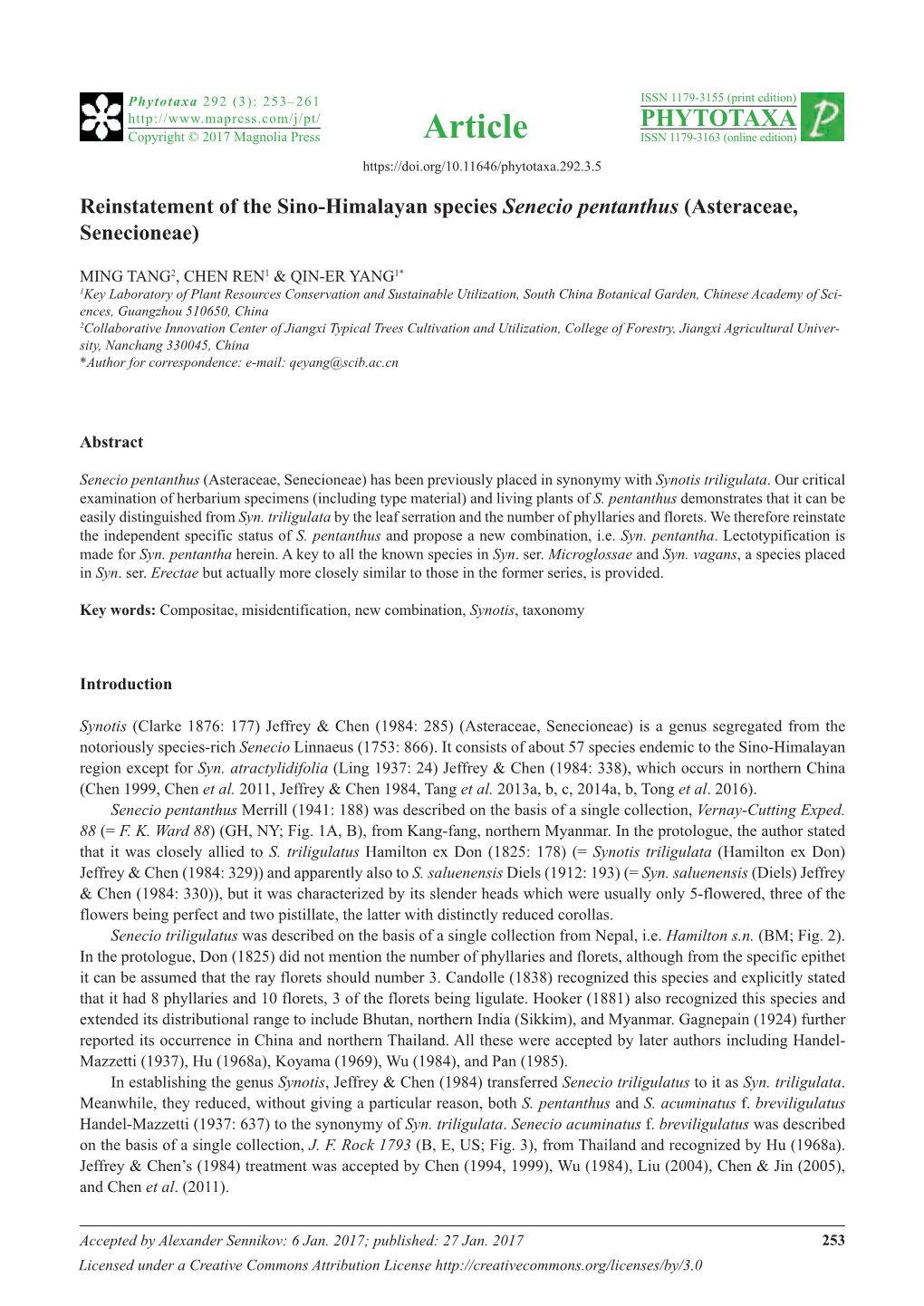Reinstatement of the Sino-Himalayan Species Senecio Pentanthus (Asteraceae, Senecioneae)