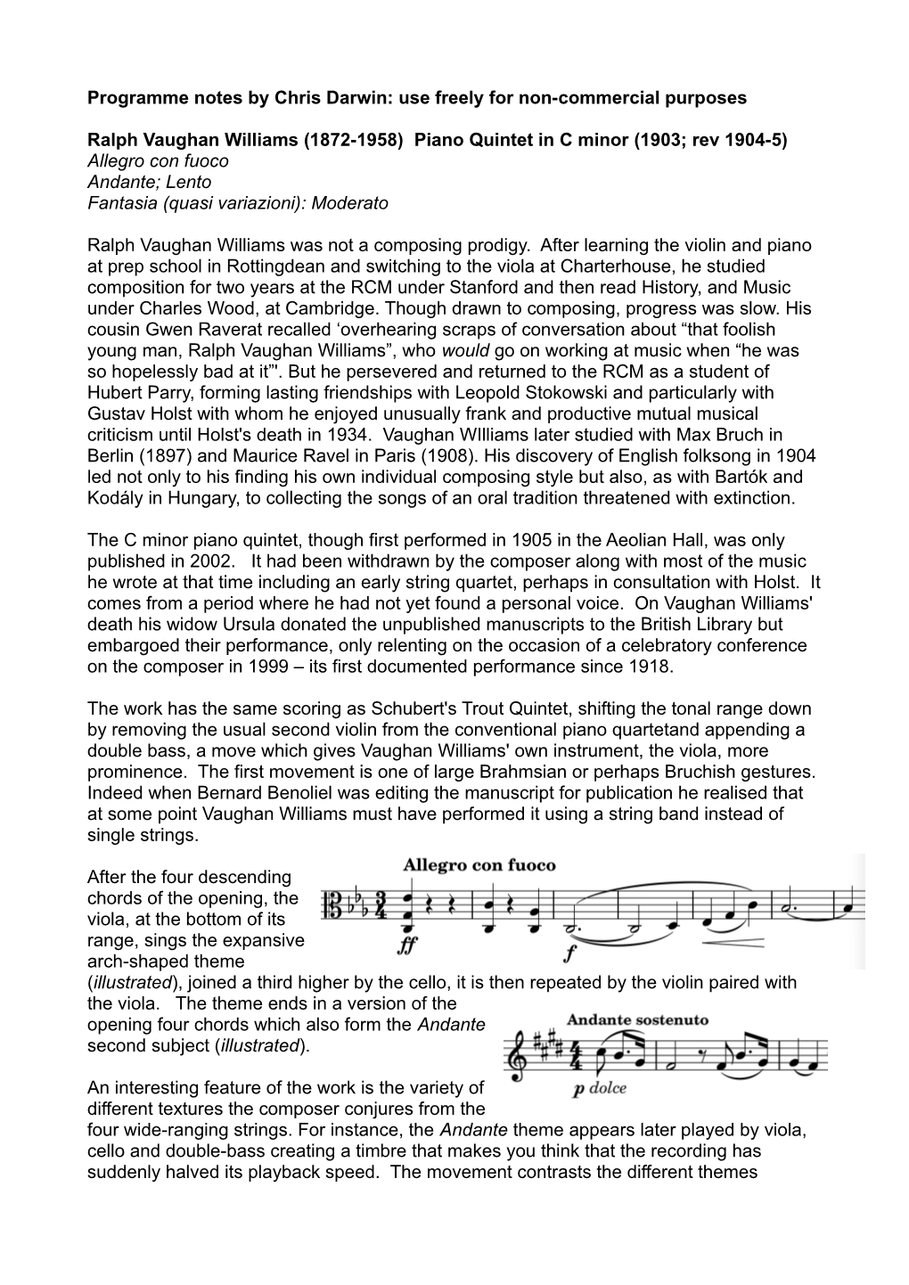 Piano Quintet in C Minor (1903; Rev 1904-5) Allegro Con Fuoco Andante; Lento Fantasia (Quasi Variazioni): Moderato