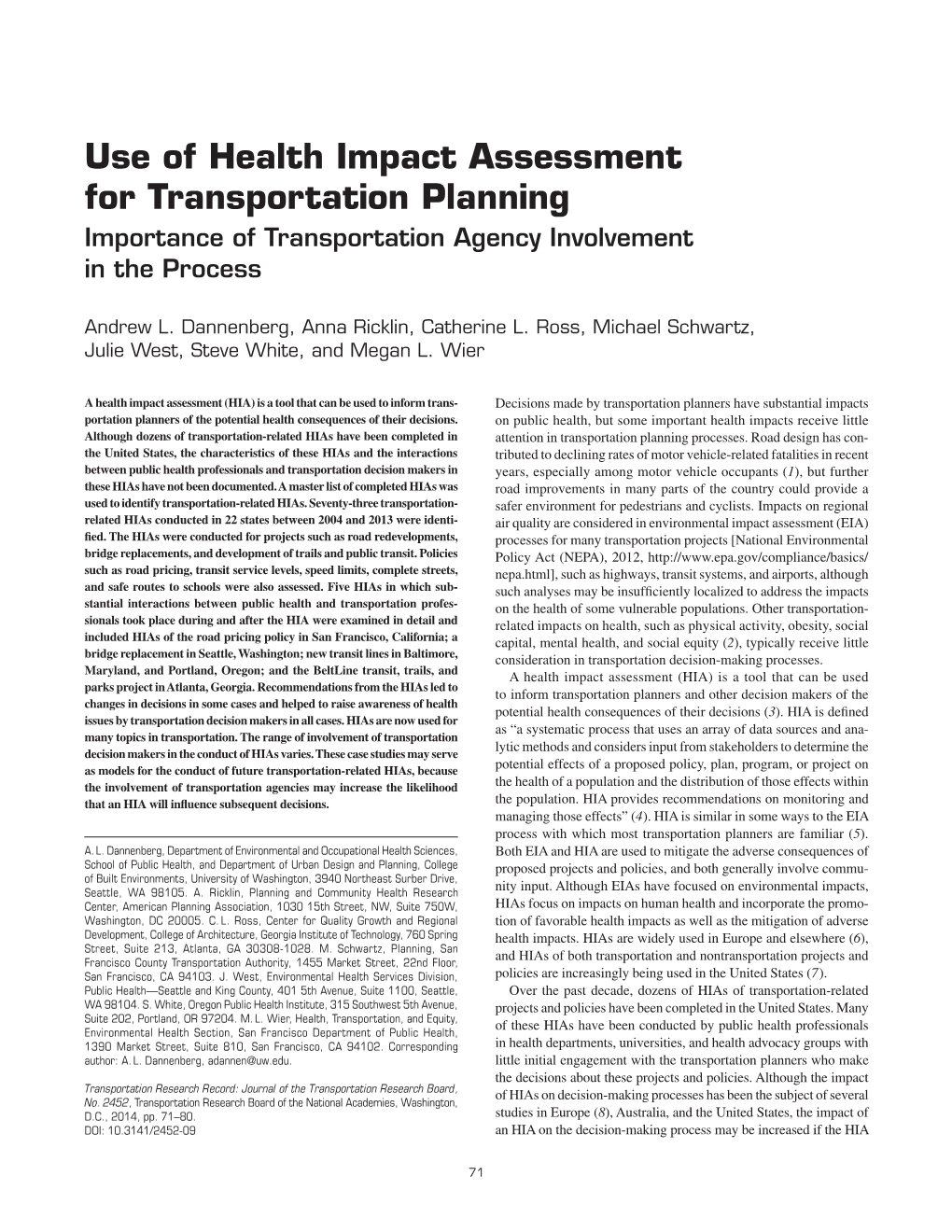 Use of Health Impact Assessment for Transportation Planning Importance of Transportation Agency Involvement in the Process