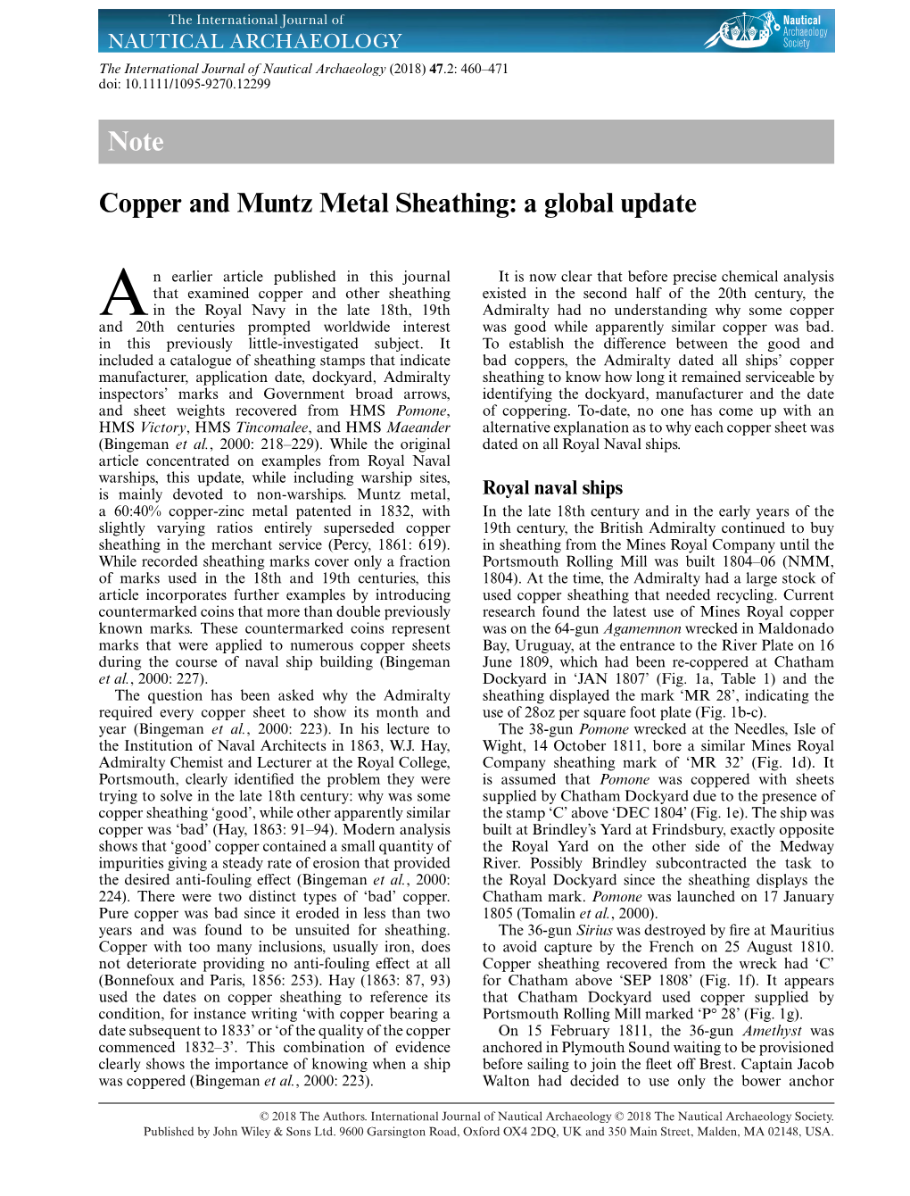 Copper and Muntz Metal Sheathing: a Global Update