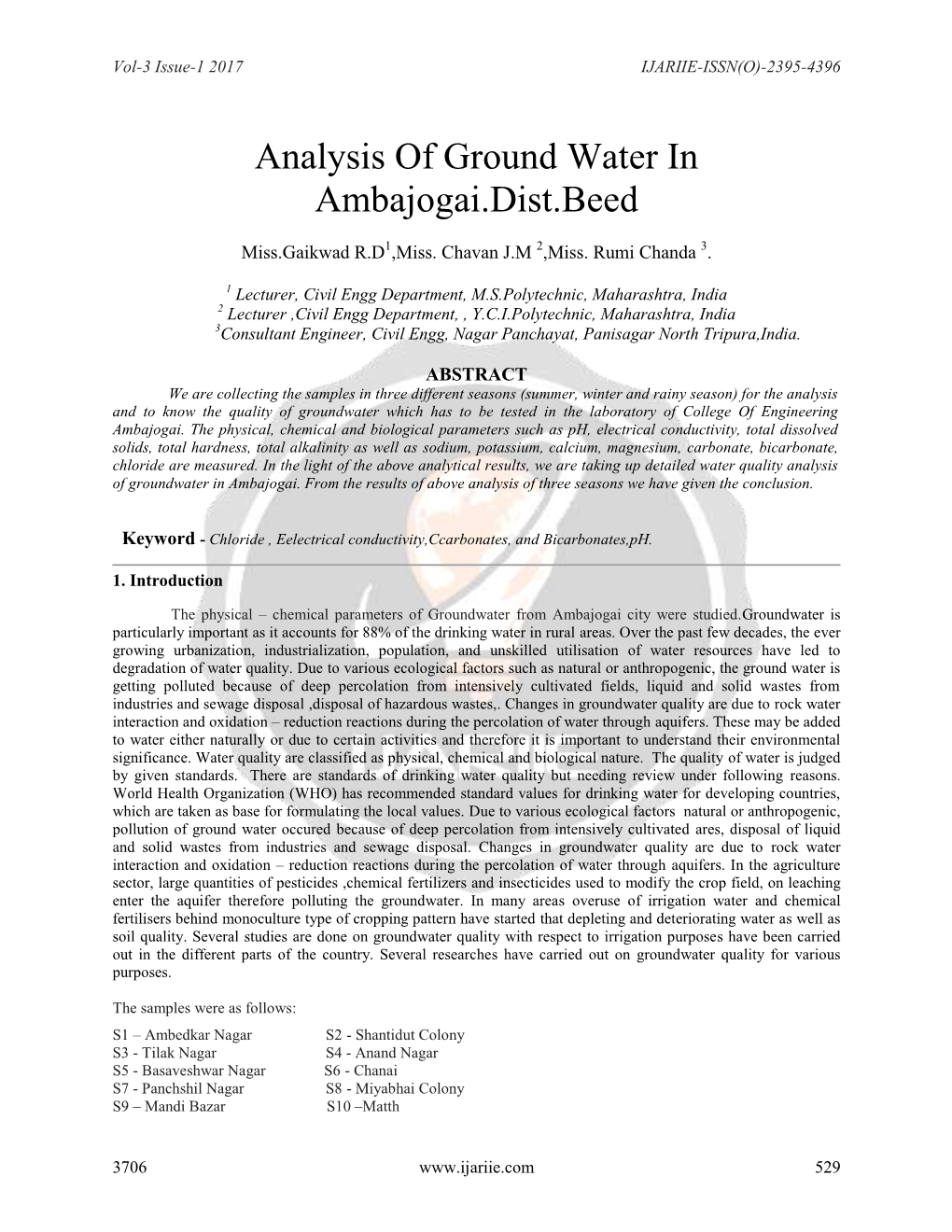 Analysis of Ground Water in Ambajogai.Dist.Beed