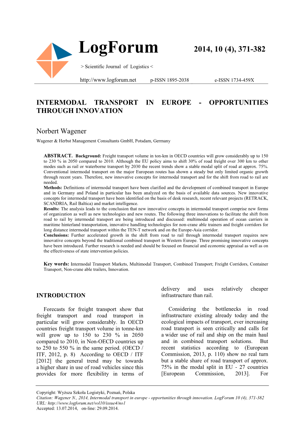 Intermodal Transport in Europe - Opportunities Through Innovation