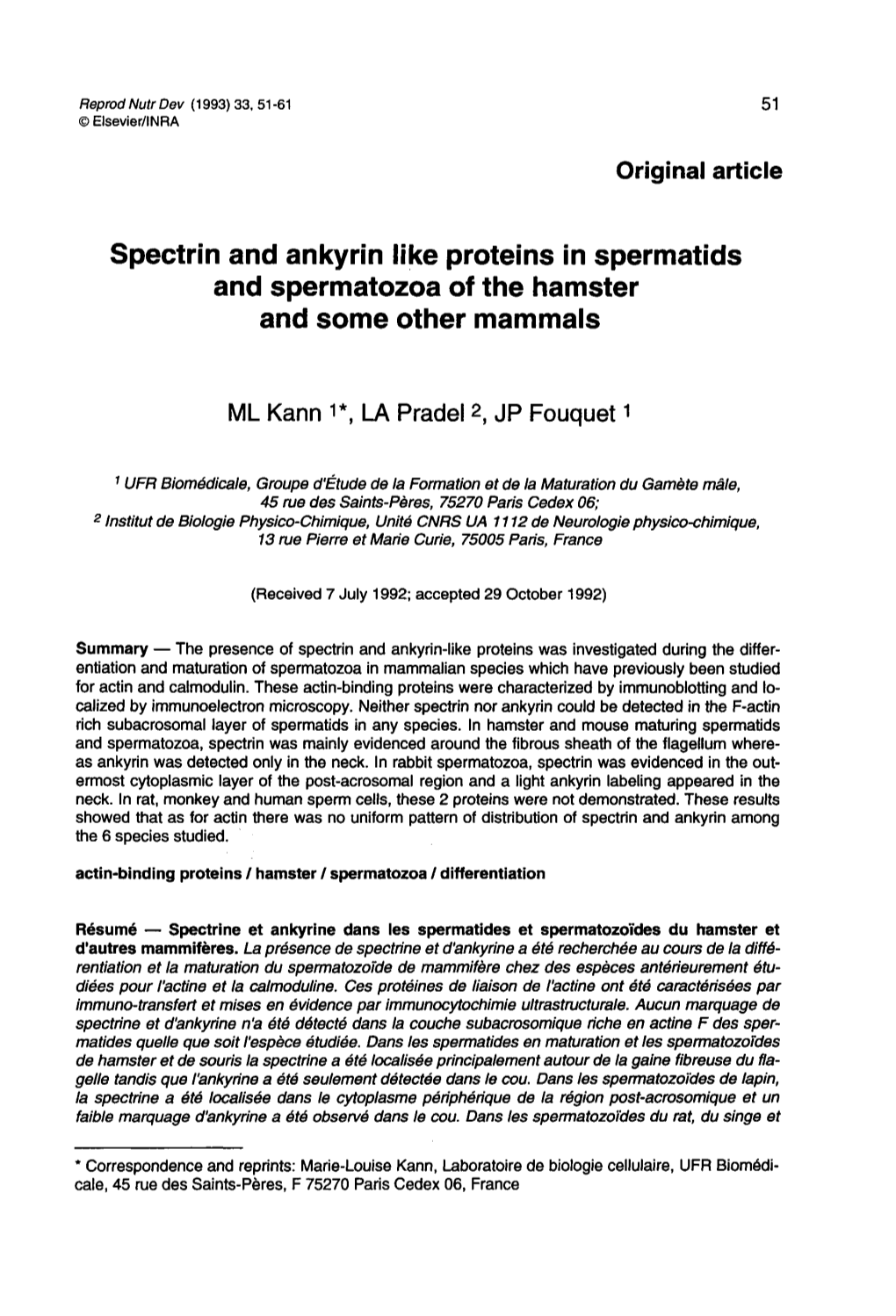 Spectrin and Ankyrin Like Proteins in Spermatids and Spermatozoa of the Hamster and Some Other Mammals