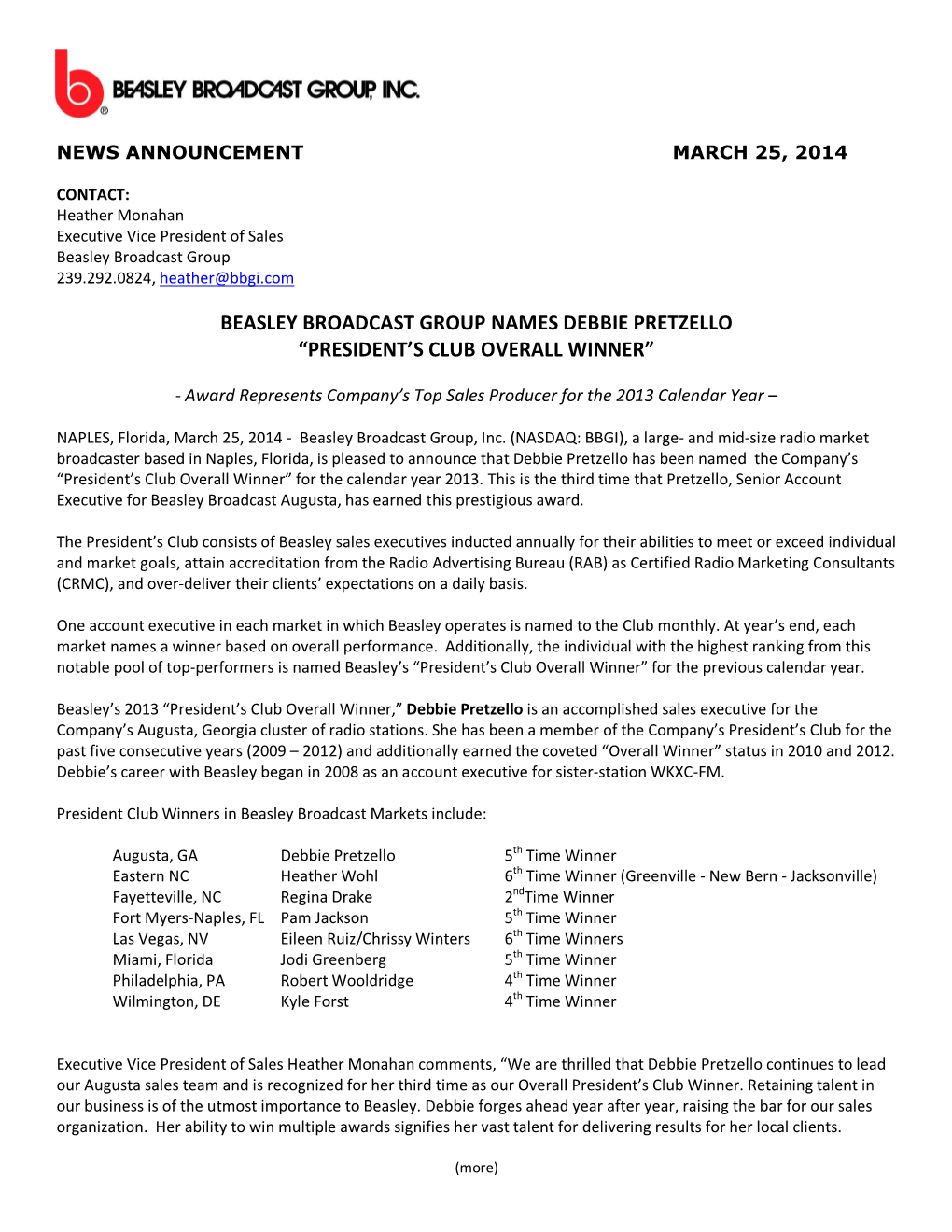 Beasley Broadcast Group Names Debbie Pretzello “President’S Club Overall Winner”