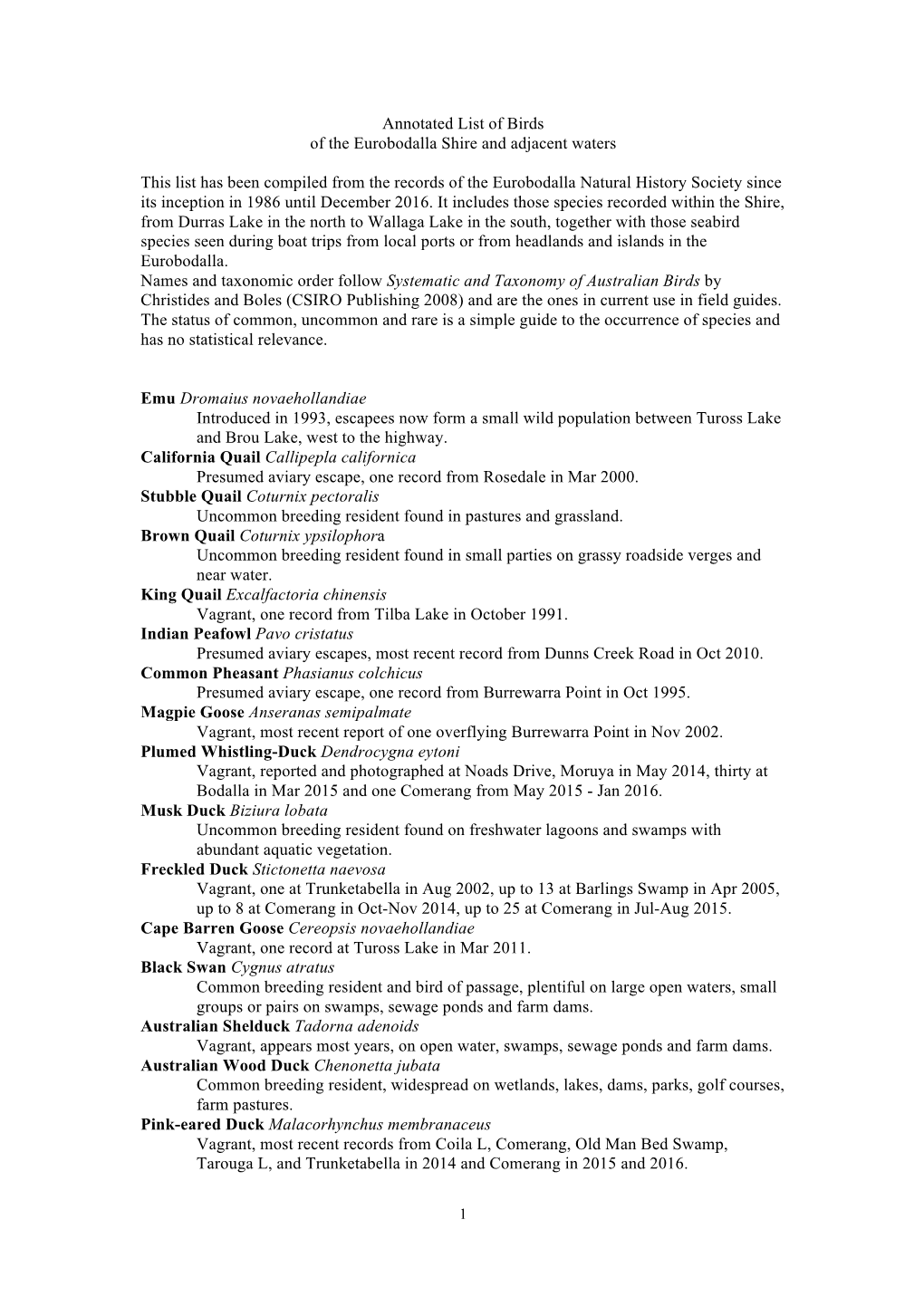 Annotated List of Birds of the Eurobodalla Shire and Adjacent Waters