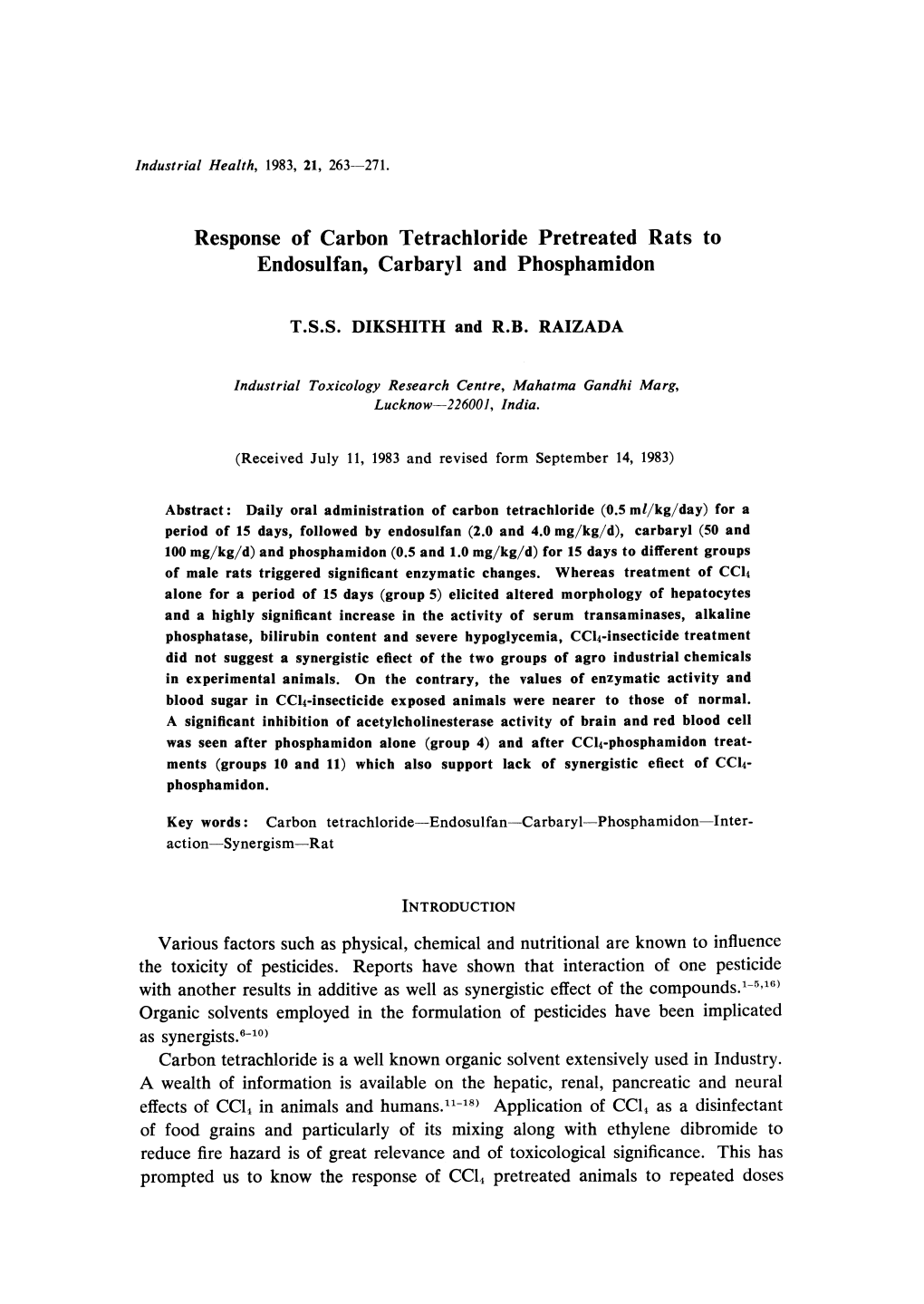 Response of Carbon Tetrachloride Pretreated Rats to Endosulfan, Carbaryl and Phosphamidon