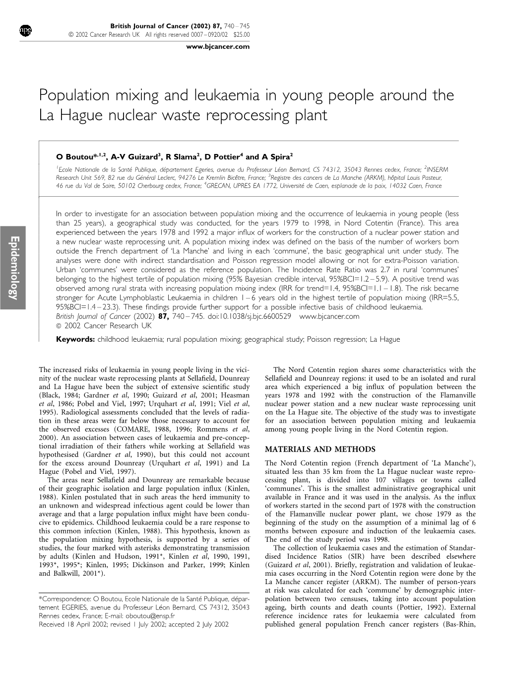 Population Mixing and Leukaemia in Young People Around the La Hague Nuclear Waste Reprocessing Plant