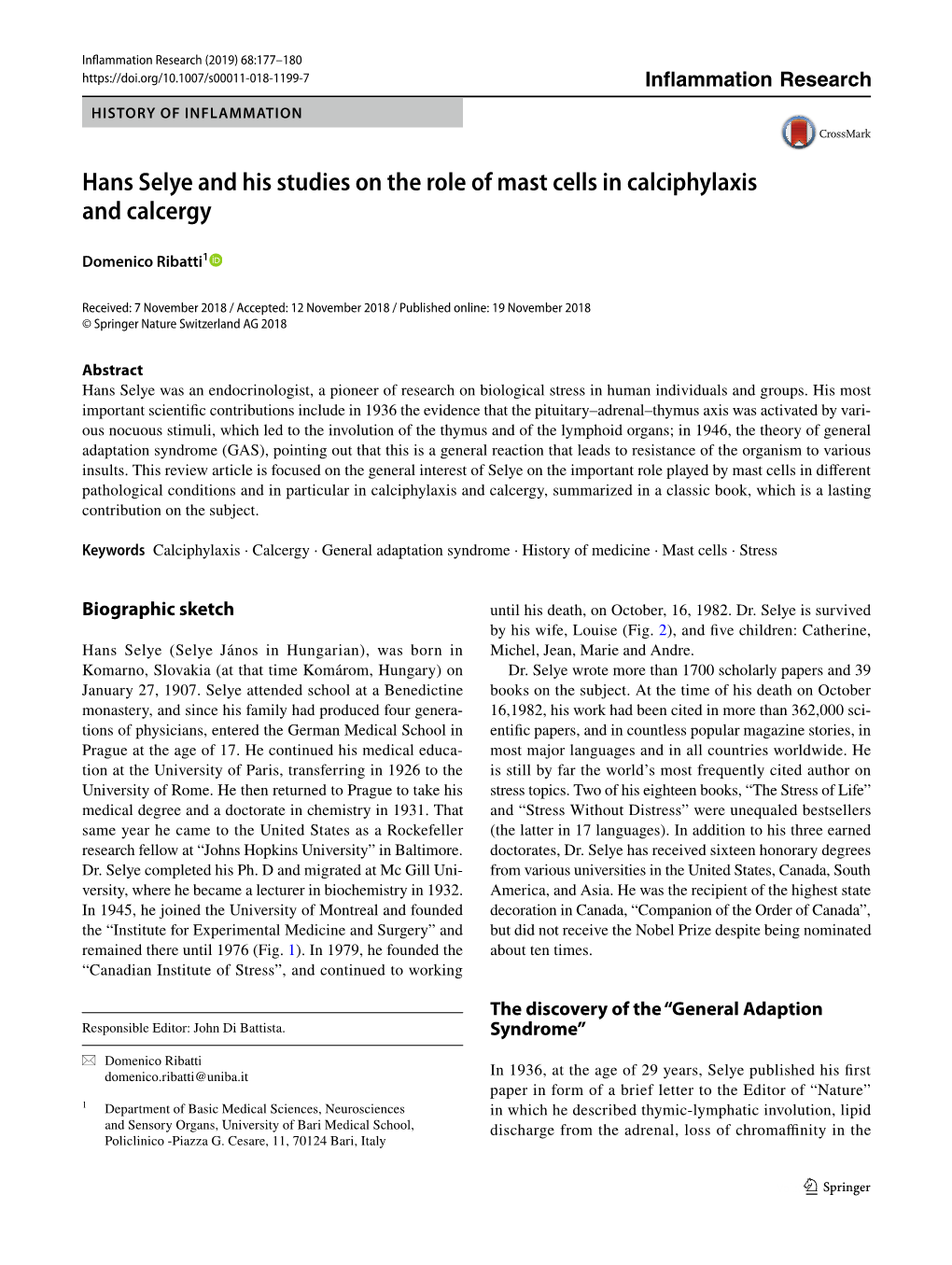 Hans Selye and His Studies on the Role of Mast Cells in Calciphylaxis and Calcergy