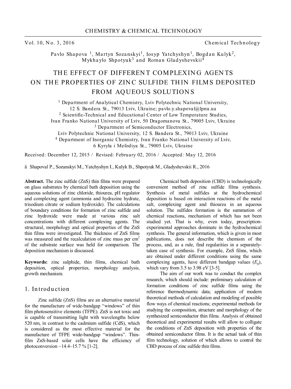 The Effect of Different Complexing Agents on the Properties of Zinc