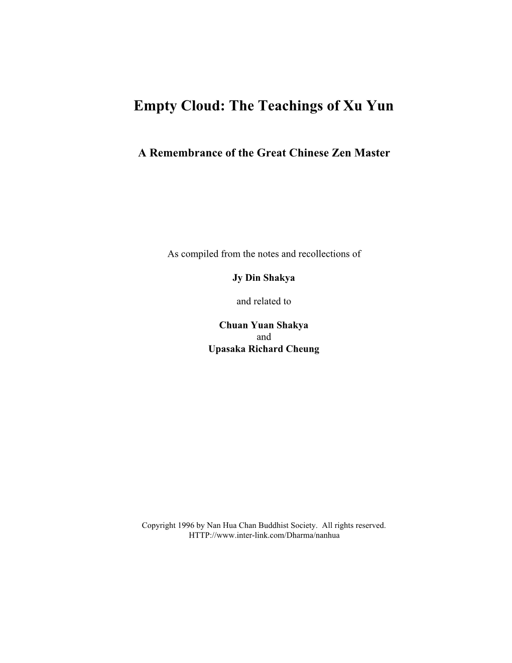 Empty Cloud: the Teachings of Xu Yun