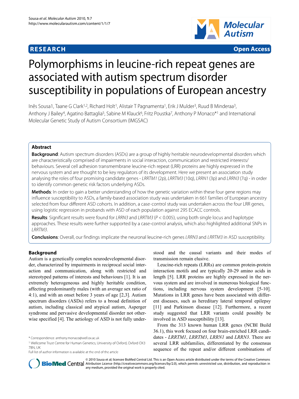 Polymorphisms in Leucine-Rich Repeat Genes Are Associated with Autism