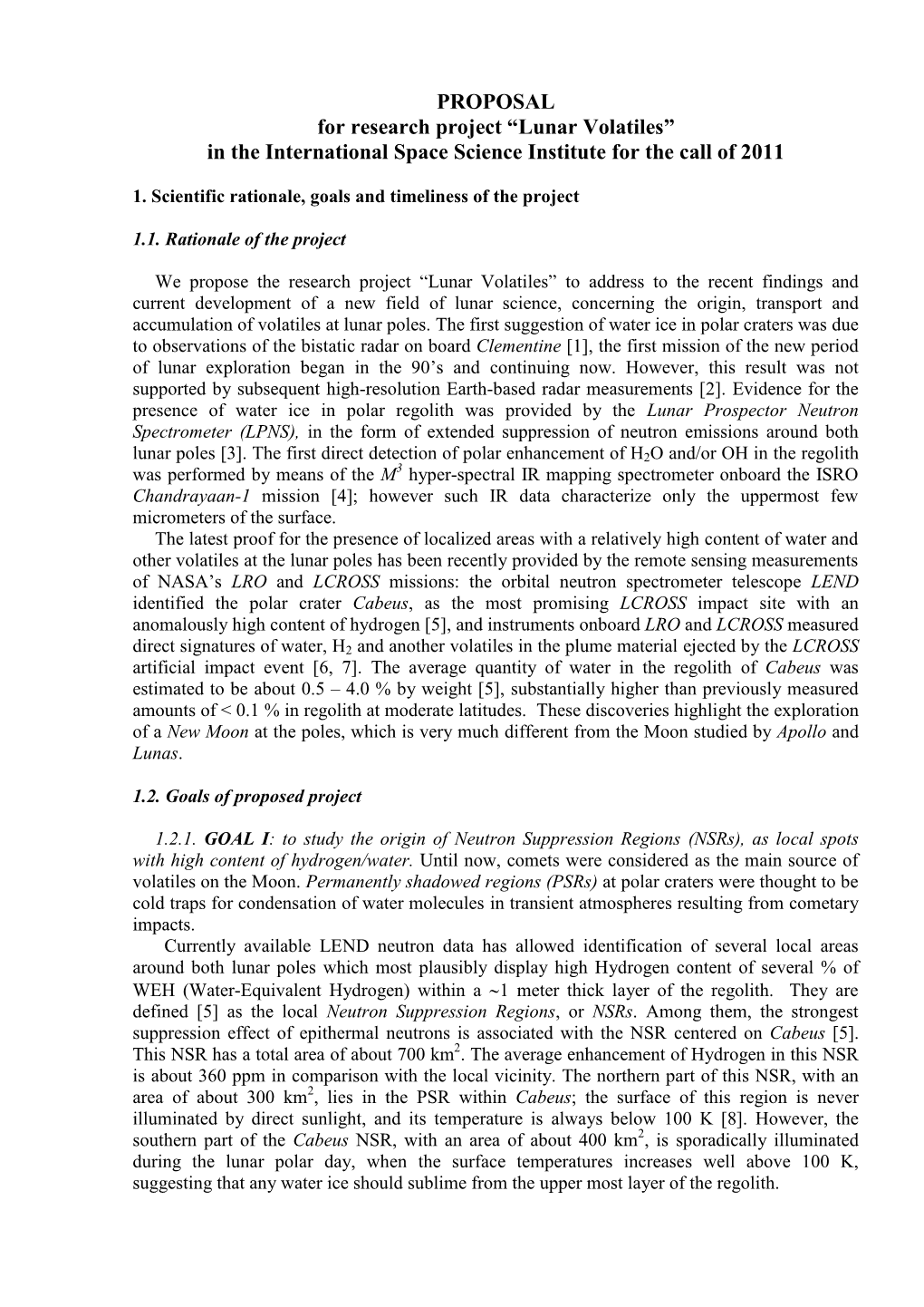 PROPOSAL for Research Project “Lunar Volatiles” in the International Space Science Institute for the Call of 2011