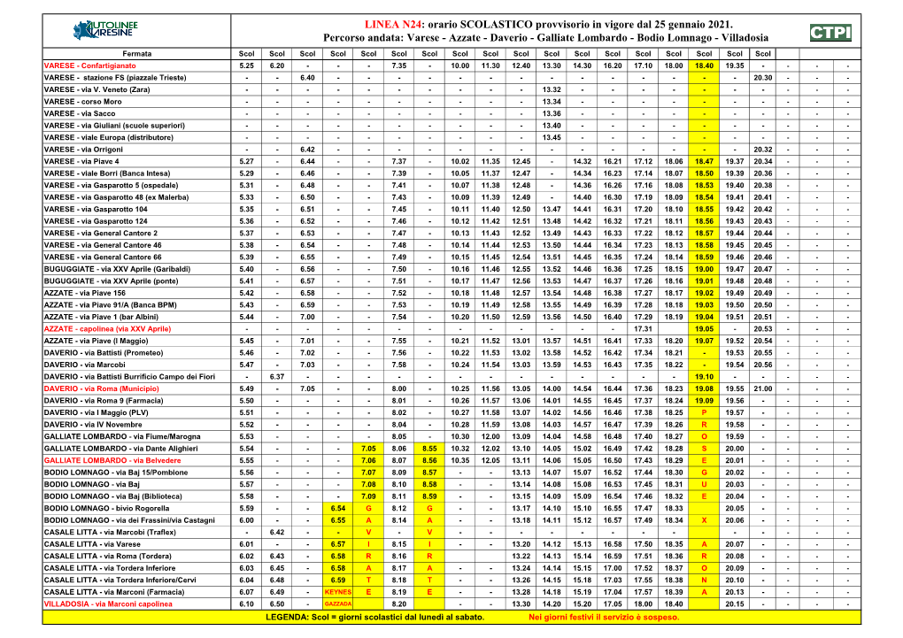 LINEA N24: Orario SCOLASTICO Provvisorio in Vigore Dal 25 Gennaio 2021