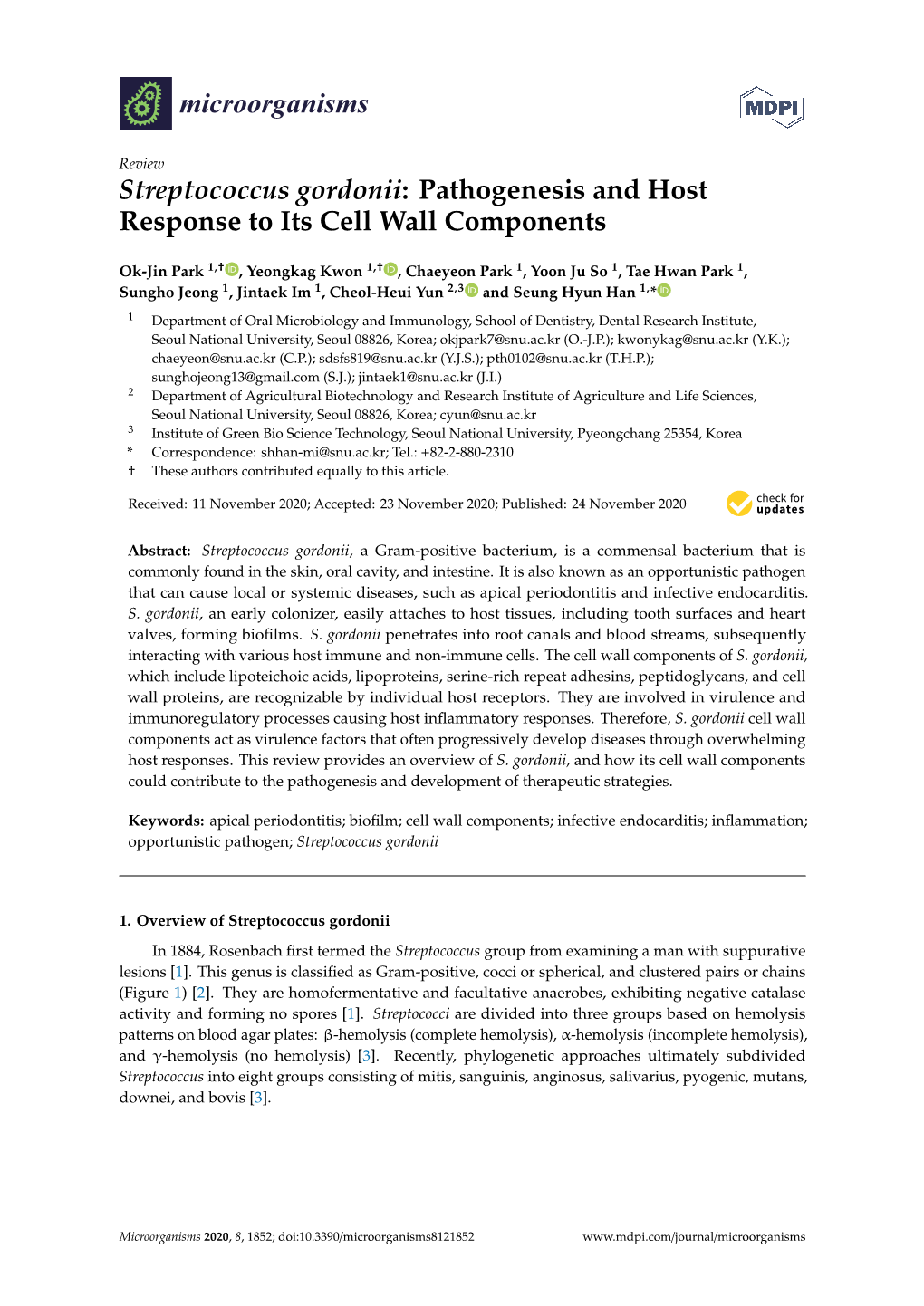 Streptococcus Gordonii: Pathogenesis and Host Response to Its Cell Wall Components