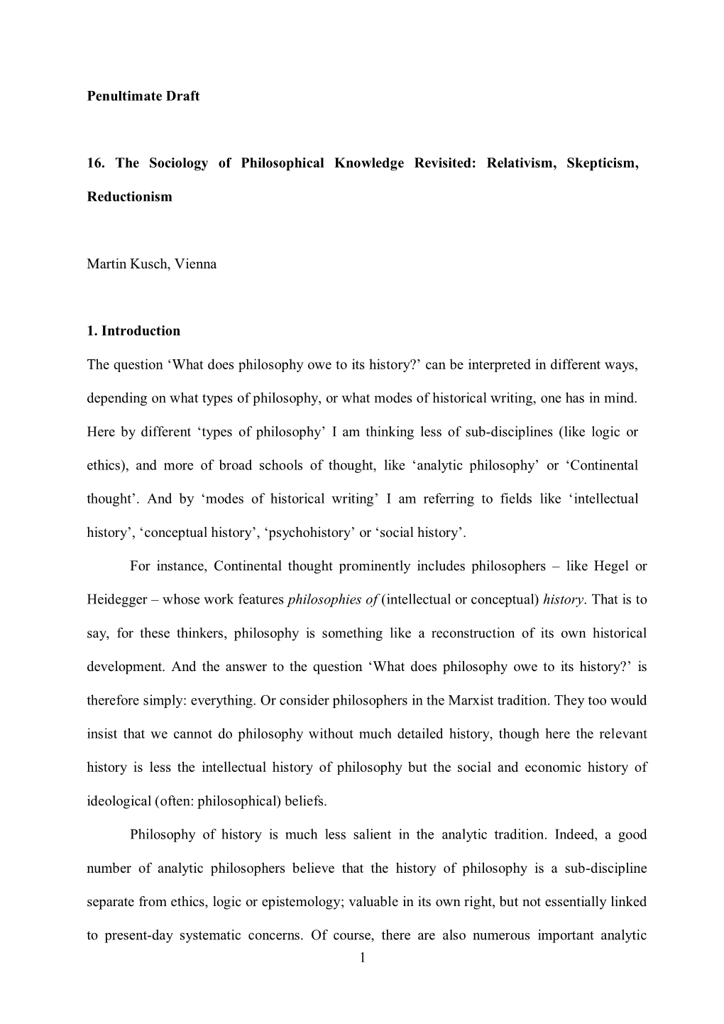 1 Penultimate Draft 16. the Sociology of Philosophical Knowledge