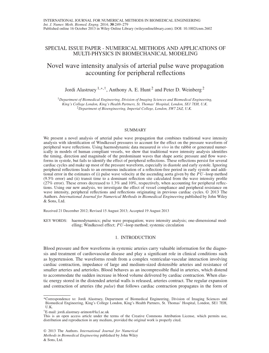 Novel Wave Intensity Analysis of Arterial Pulse Wave Propagation Accounting for Peripheral Reflections