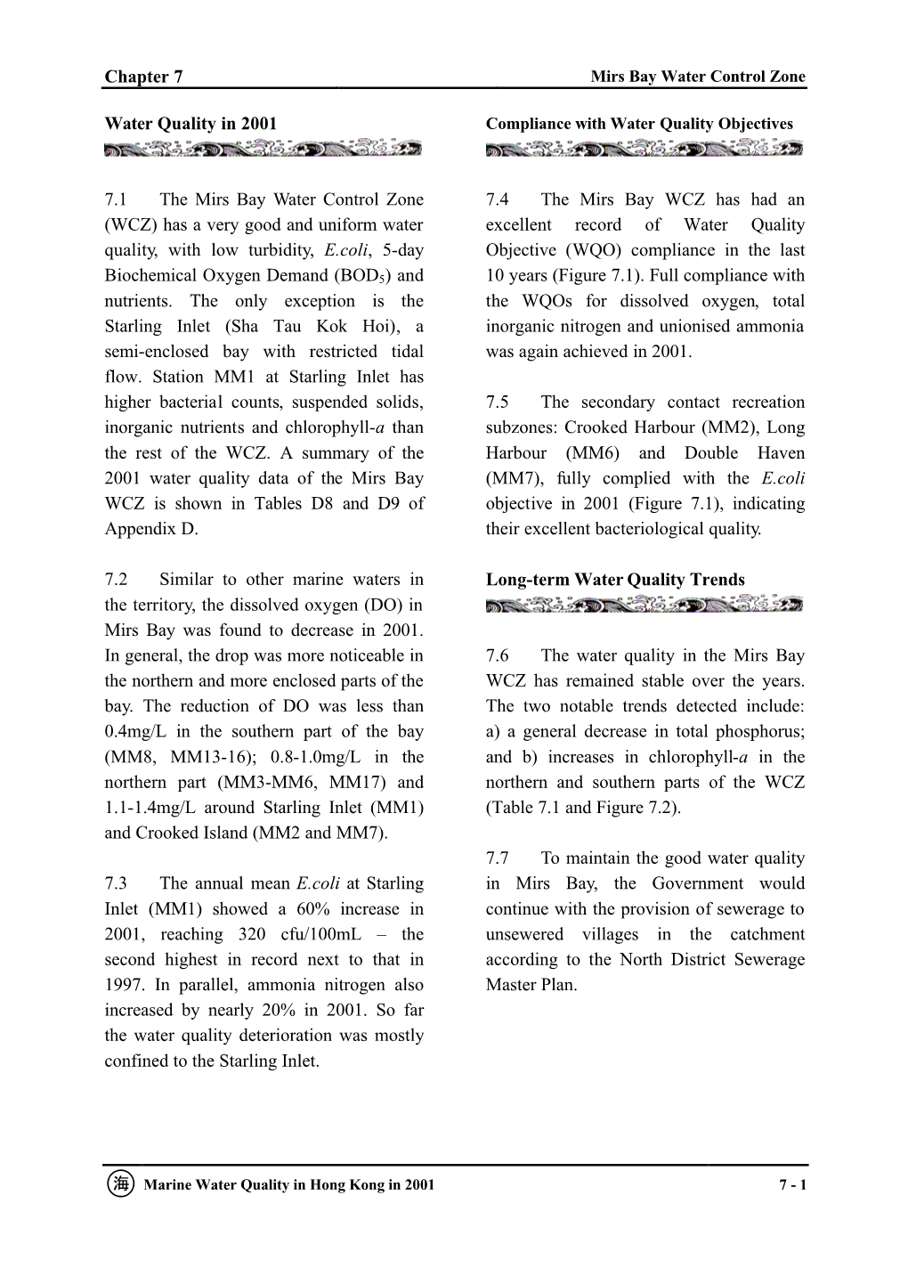Marine Water Quality in Hong Kong in 2001 7 - 1