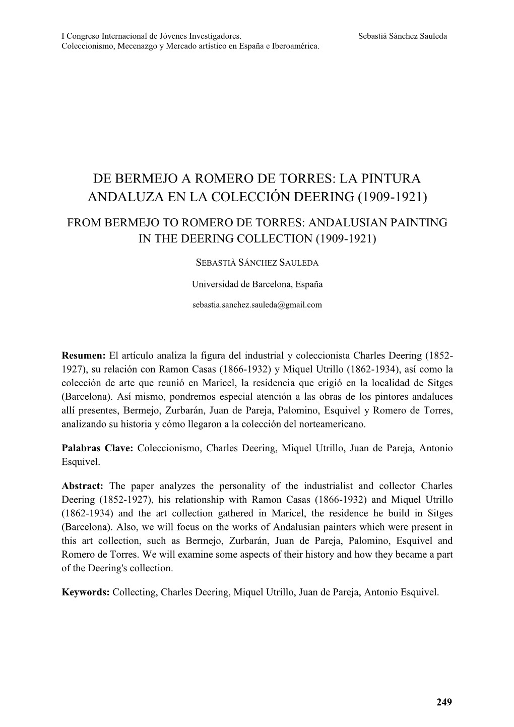 De Bermejo a Romero De Torres: La Pintura Andaluza En La Colección Deering (1909-1921)