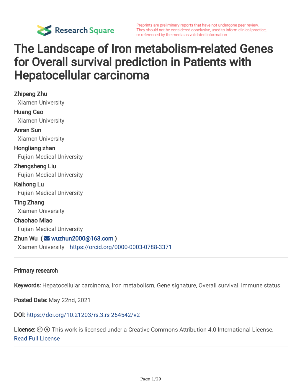 The Landscape of Iron Metabolism-Related Genes for Overall Survival Prediction in Patients with Hepatocellular Carcinoma