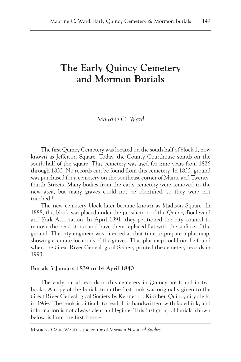 The Early Quincy Cemetery and Mormon Burials