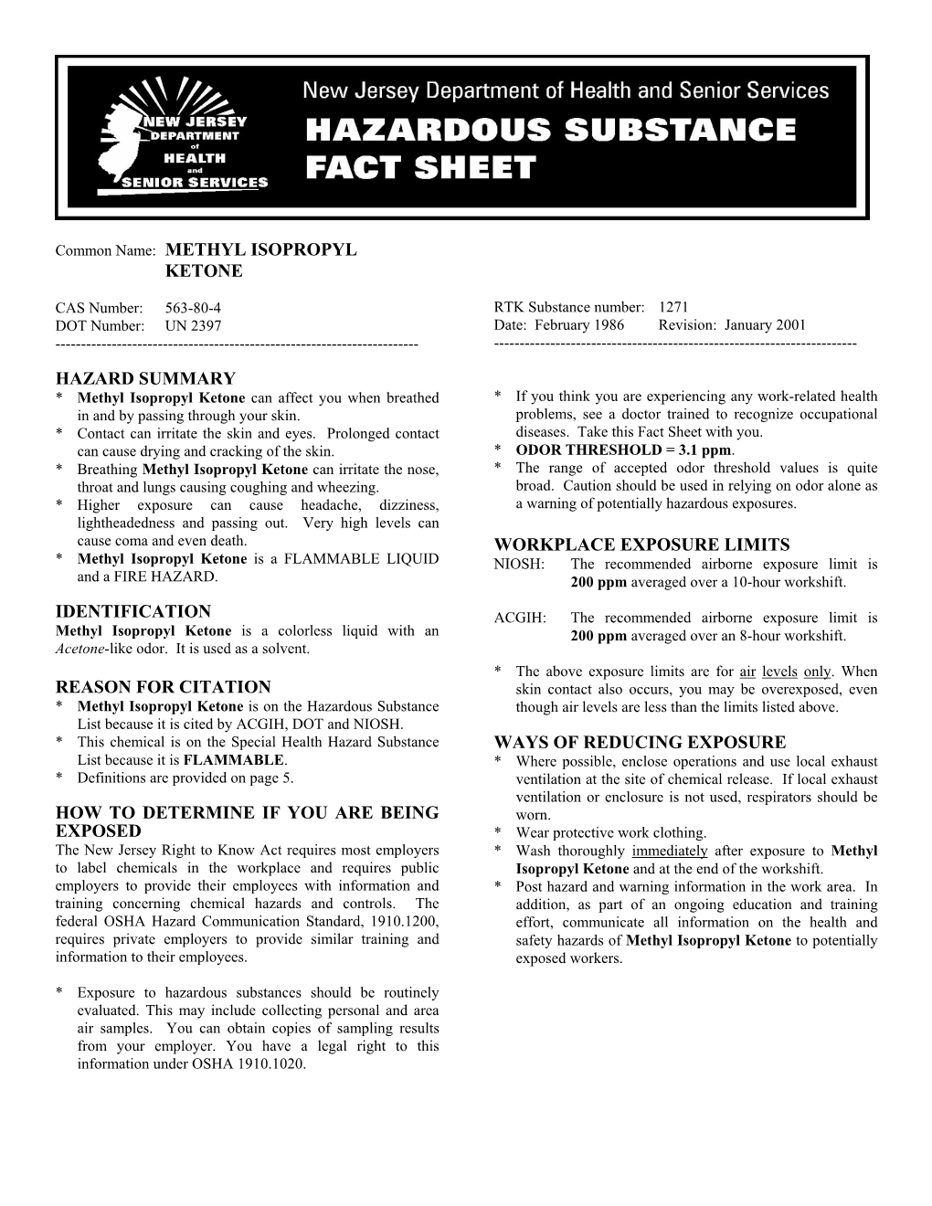 Methyl Isopropyl Ketone Hazard Summary