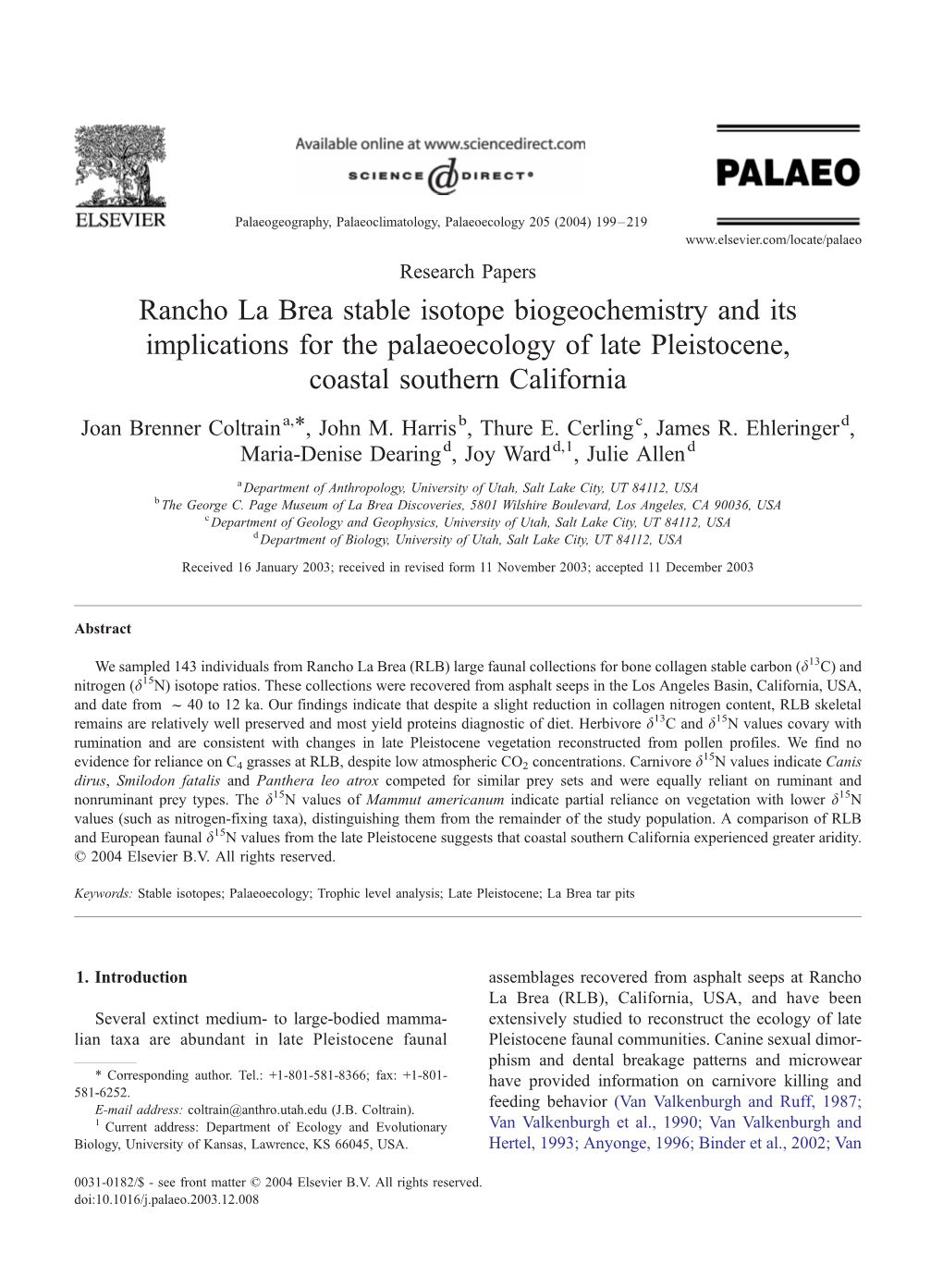 Rancho La Brea Stable Isotope Biogeochemistry and Its Implications for the Palaeoecology of Late Pleistocene, Coastal Southern California