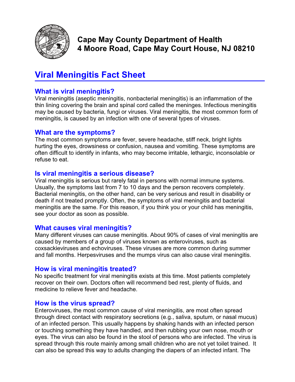 Viral Meningitis Fact Sheet