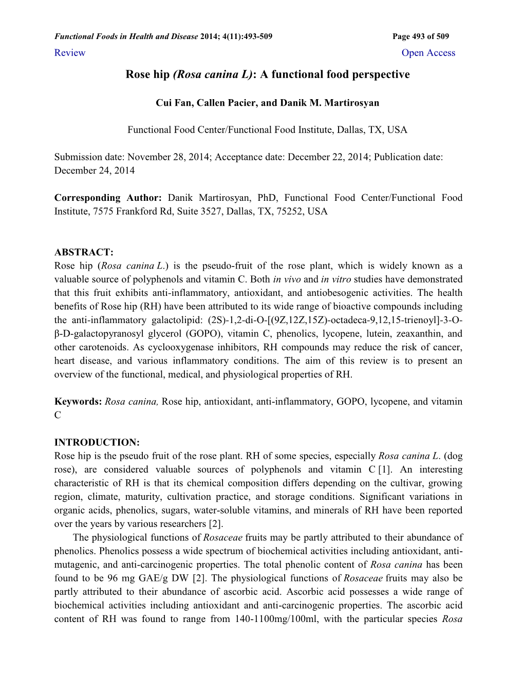 Rose Hip (Rosa Canina L): a Functional Food Perspective