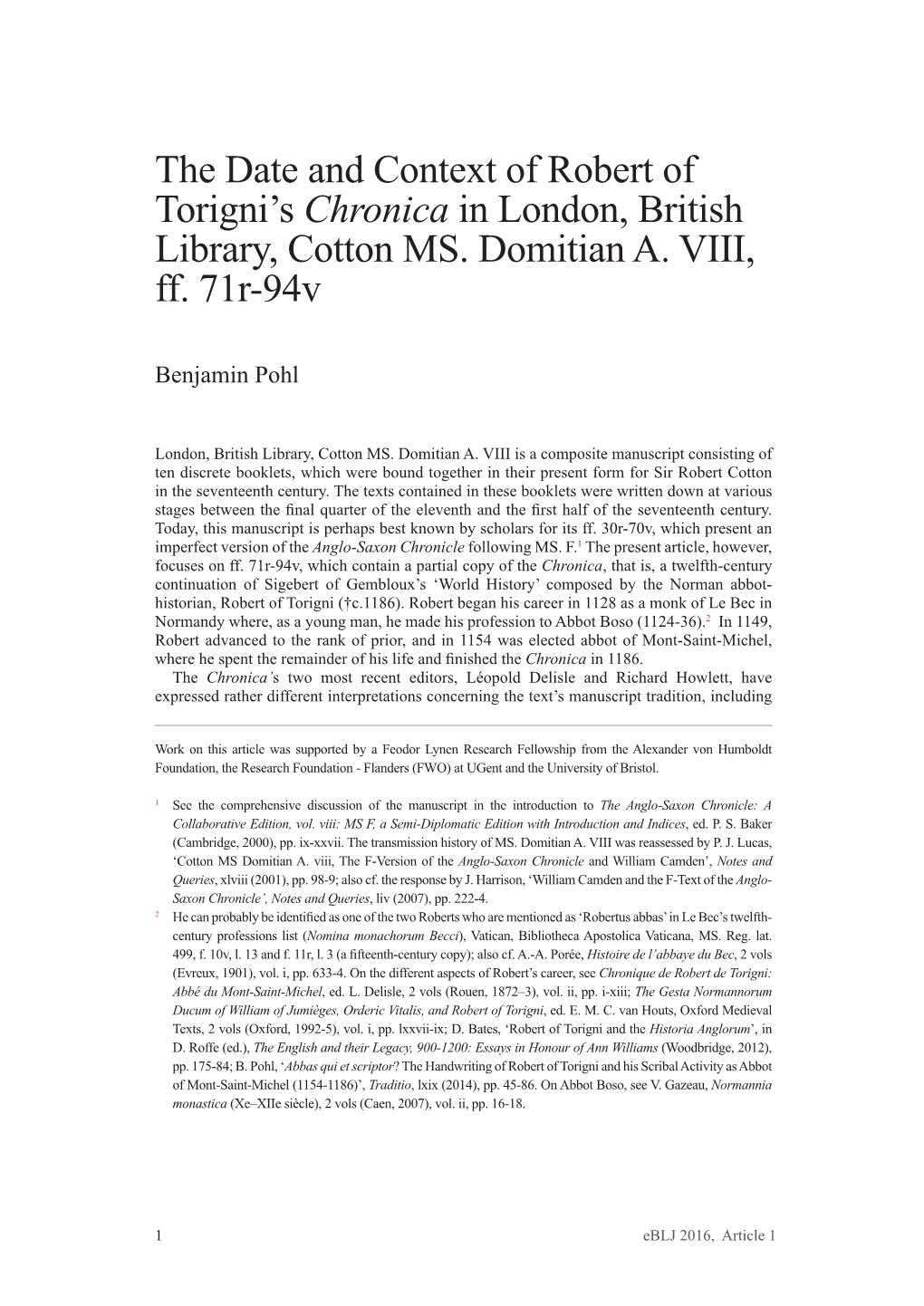 The Date and Context of Robert of Torigni's Chronica in London