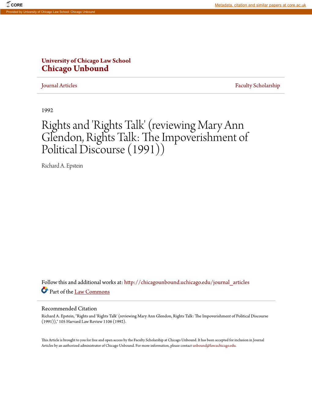 (Reviewing Mary Ann Glendon, Rights Talk: the Impoverishment