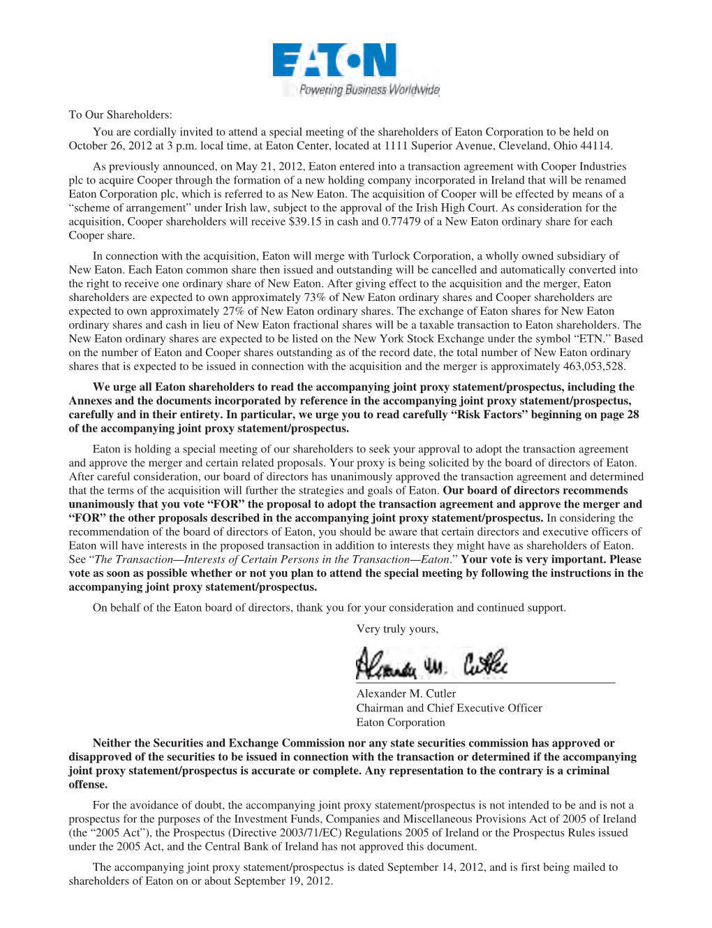 To Our Shareholders: You Are Cordially Invited to Attend a Special Meeting of the Shareholders of Eaton Corporation to Be Held on October 26, 2012 at 3 P.M