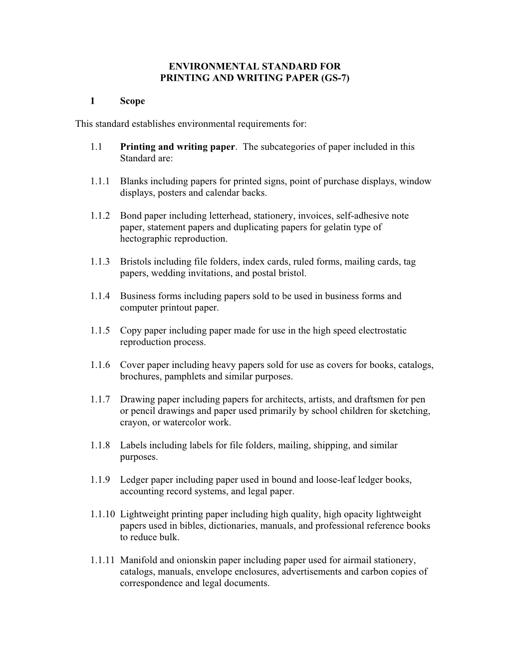 Environmental Standard for Printing and Writing Paper (Gs-7)