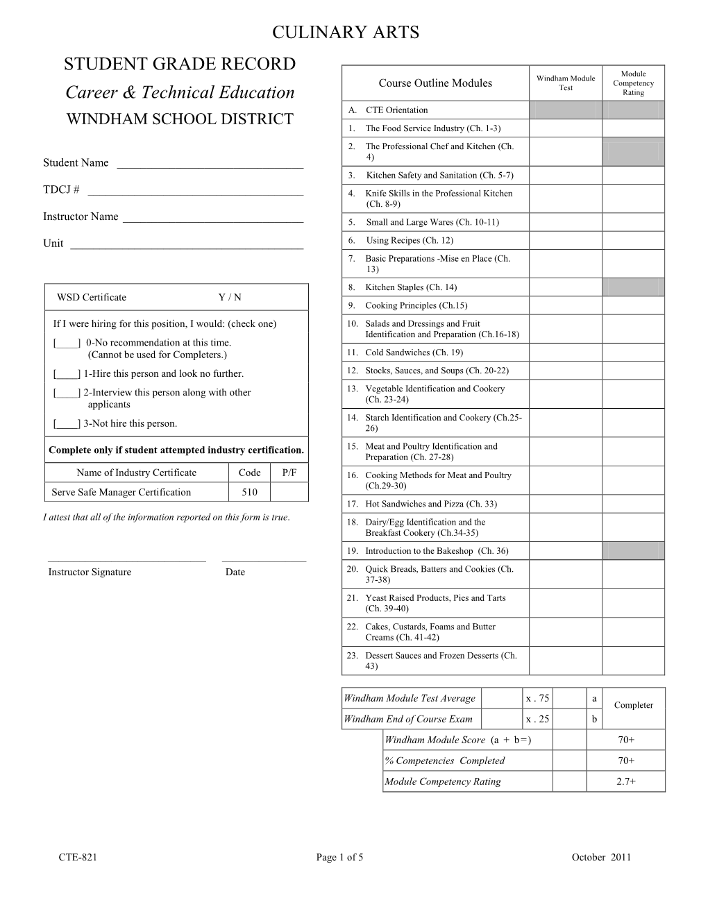 CULINARY ARTS STUDENT GRADE RECORD Module Windham Module Competency Course Outline Modules Test Career & Technical Education Rating A