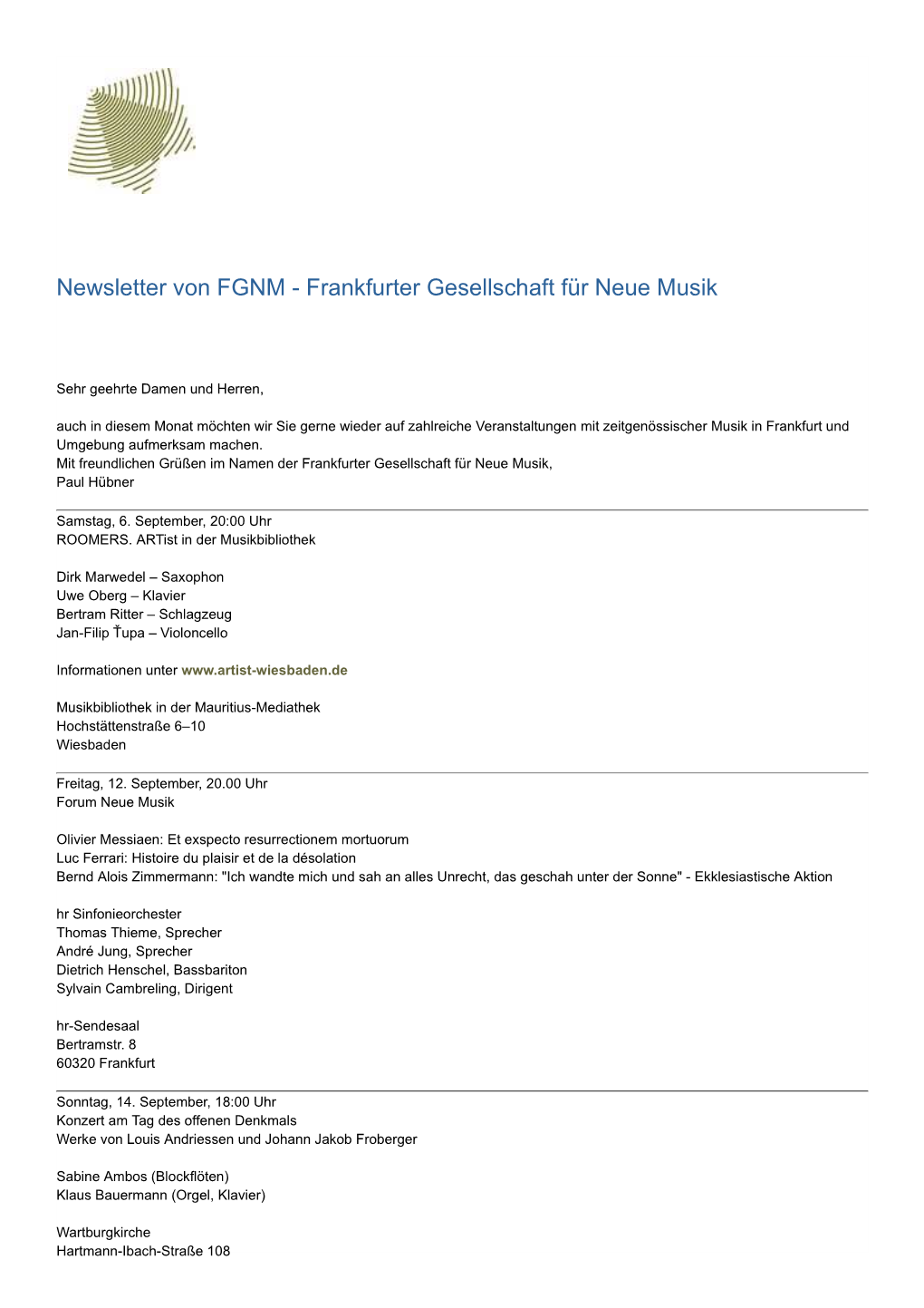 Newsletter Von FGNM - Frankfurter Gesellschaft Für Neue Musik