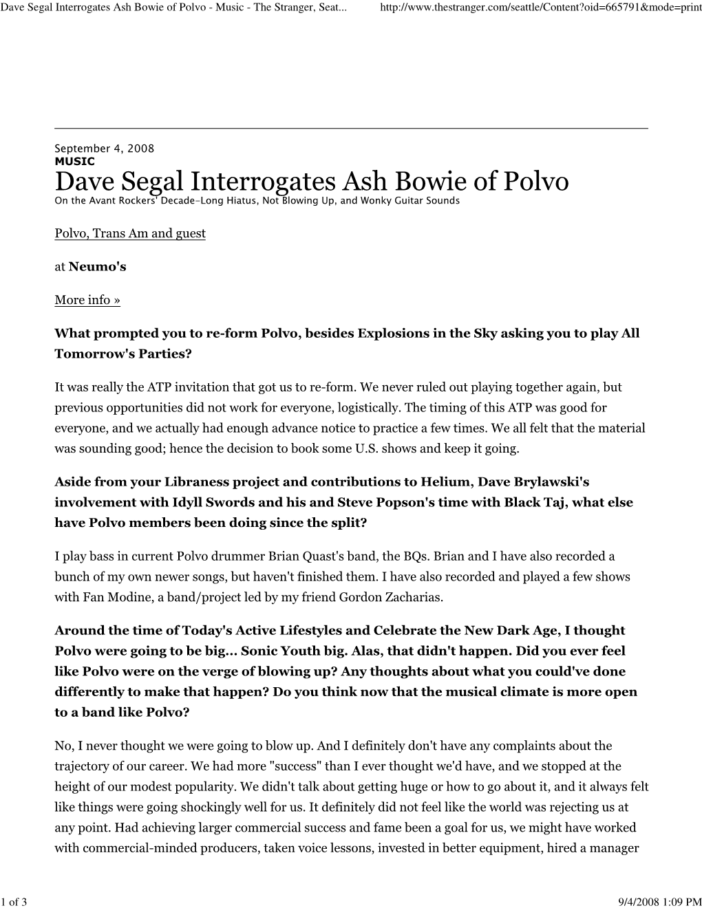 Dave Segal Interrogates Ash Bowie of Polvo - Music - the Stranger, Seat