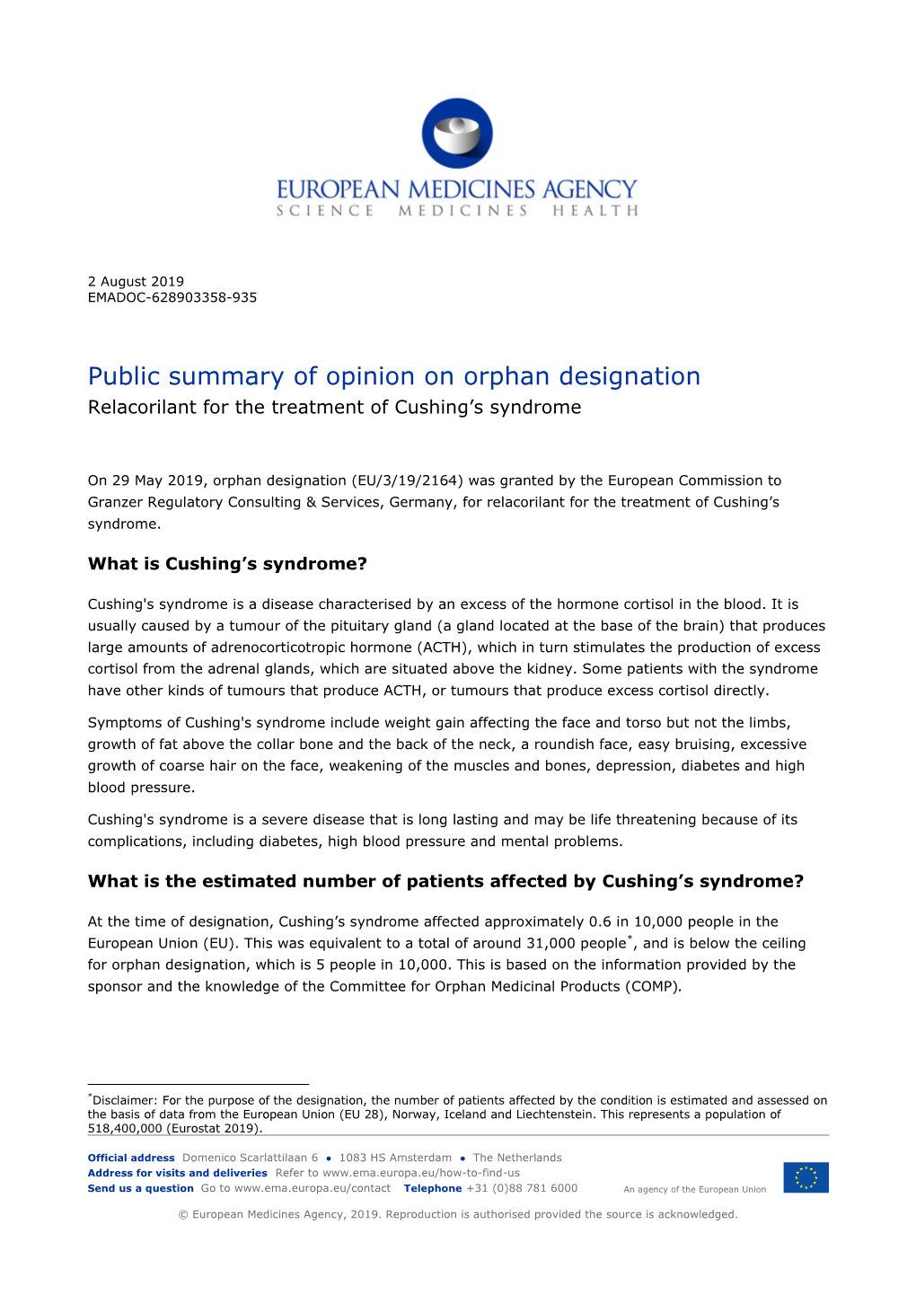 Public Summary of Opinion on Orphan Designation Relacorilant for the Treatment of Cushing’S Syndrome
