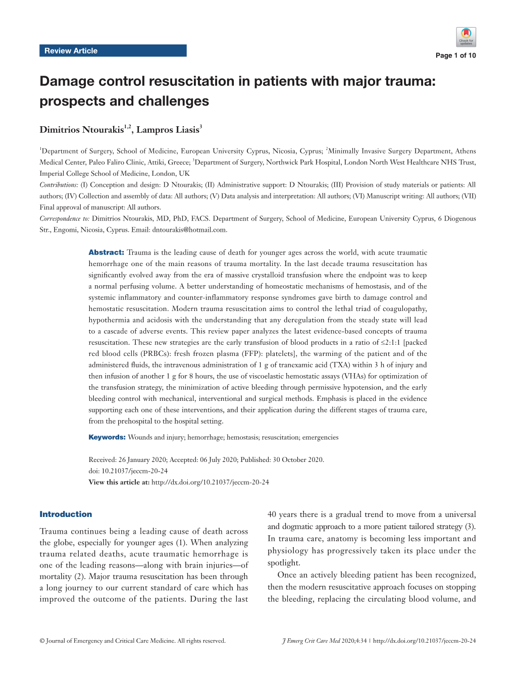 Damage Control Resuscitation in Patients with Major Trauma: Prospects and Challenges