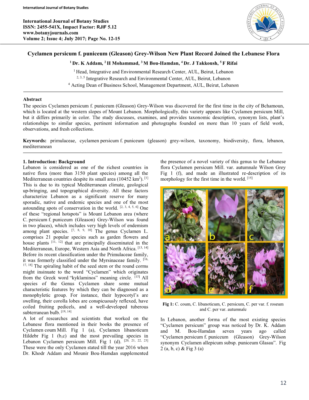 Cyclamen Persicum F. Puniceum (Gleason) Grey-Wilson New Plant Record Joined the Lebanese Flora 1 Dr