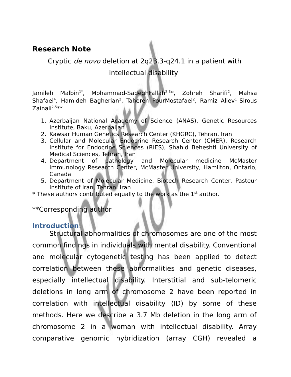 Research Note Cryptic De Novo Deletion at 2Q23.3-Q24.1 in a Patient with Intellectual Disability