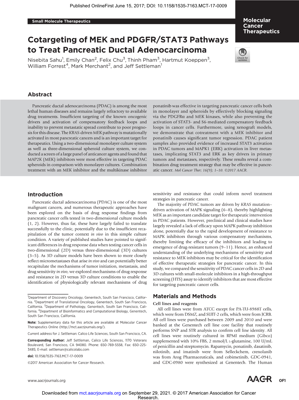 Cotargeting of MEK and PDGFR/STAT3 Pathways to Treat